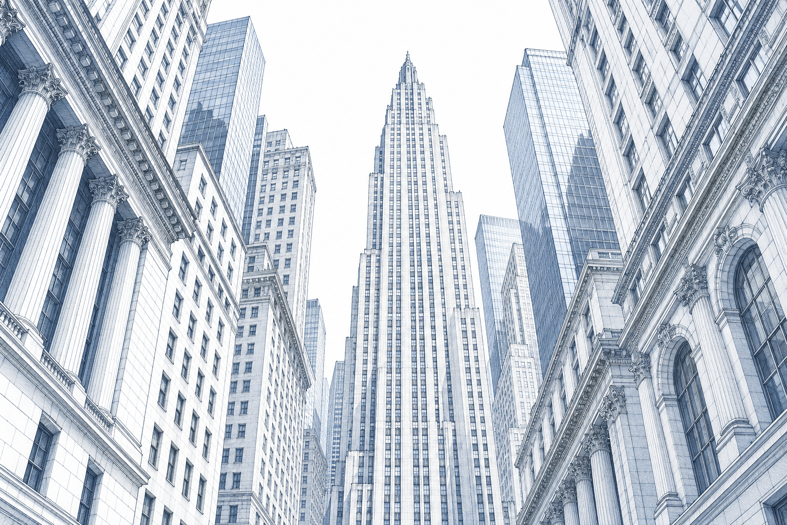Original blue ink illustration of a New York skyline, viewed from the street
